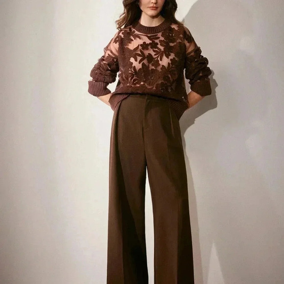 Coffee Brown Casual Women's Floral Pattern Knit Round Neck Drop Shoulder Sweater - Picture 5 of 6